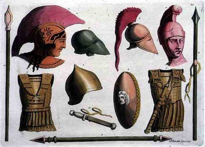 エトルリアの武器と甲冑の例、「Costumi dei Romani」より、D.K.ボナッティが1805～20年頃に彫ったもの（アクアチント 作： Italian School