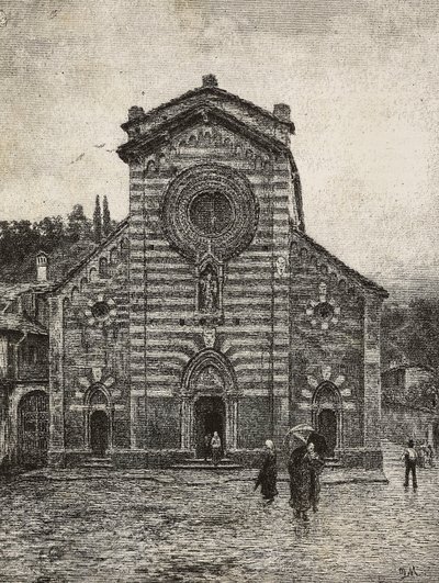 イタリア、コモ湖、ベッラーノ大聖堂のファサード、クイント・ミケッティの図面からのエングレーヴィング、L