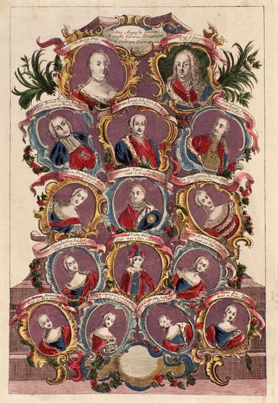 ハプスブルク家の皇后マリアテレジア（1717-1780）と家族のフランシスIと子供：マリアエリザベス、ジョセフII、マリアアマリア、レオポルドII、フェルディナンド、マクシミリアン 作： Italian School