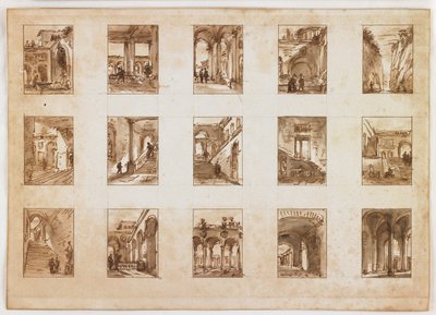 15のミニチュア建築とイタリアの眺め（紙のグラファイトの上にウォッシュしたペンと茶色のインク） 作： Italian School
