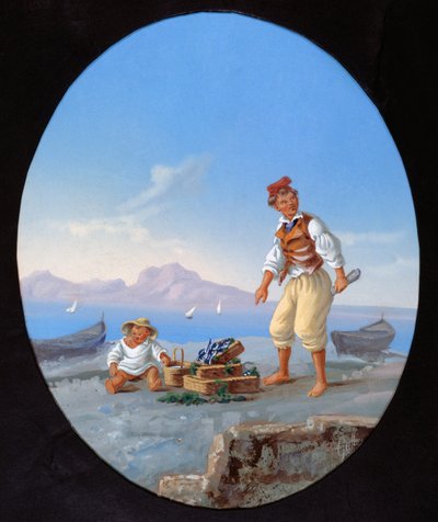 カプリ島を背景にしたビーチでの釣り人 作： Italian School