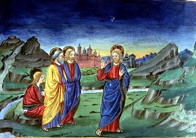 Fol.103v 変容の後、キリストは使徒たちに、復活の後までこの事実を明らかにしないように告げる (vellum) (142186 を参照) 作： Italian School