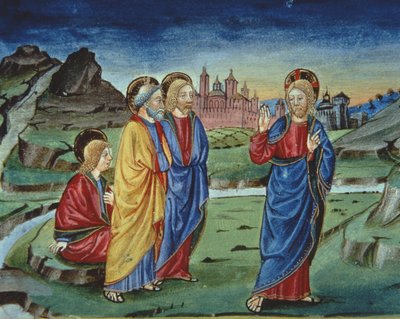 Fol.103v 変容の後、キリストは復活の後までこれを明らかにしないように使徒たちに言いました (vellum) (詳細) 作： Italian School