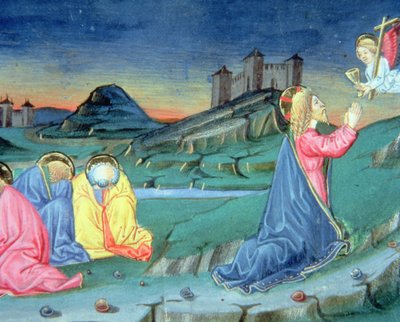 Fol.104r オリーブ山で祈った後、キリストを慰めるために天使が到着する (ベラム) 作： Italian School