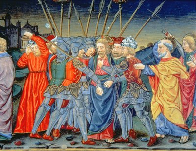 Fol.105v シモン・ペテロがキリストを擁護し、兵士を剣で傷つける (ベラム) 作： Italian School