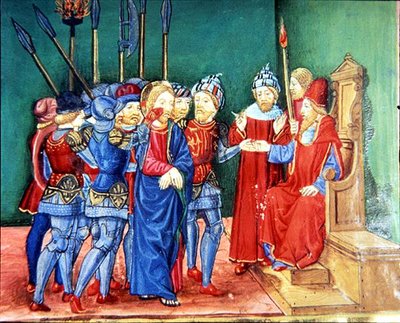 Fol.106v キリストは囚人として大祭司アナスの前に導かれる (ベラム) 作： Italian School