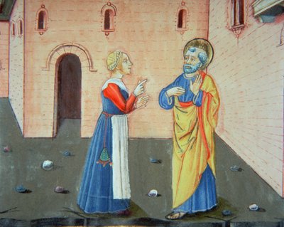 Fol.107v ピーターは二度目にキリストを否定します (ベラム) 作： Italian School