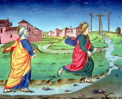 Fol.129vb マグダラのマリアが復活の知らせをシモン・ピーターに伝える (ベラム) 作： Italian School