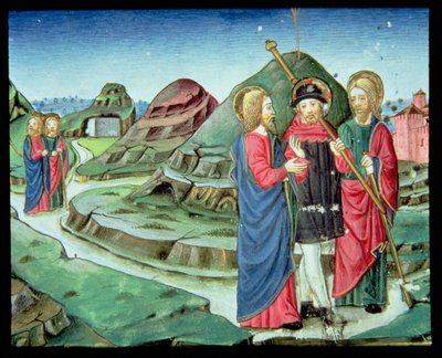 Fol.130v キリストは二人の弟子をエマオに連れて行き、彼らはそれが彼であることを知らずに (vellum) 作： Italian School