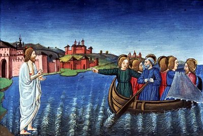 Fol.134r ガリラヤ湖で魚を釣る弟子たち (ベラム) 作： Italian School