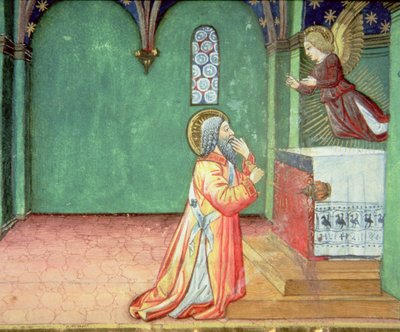 Fol.142r 神殿のザカリヤに天使が現れる (ベラム) 作： Italian School