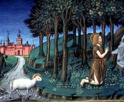 Fol.143v 砂漠で祈る洗礼者ヨハネ (ベラム) 作： Italian School