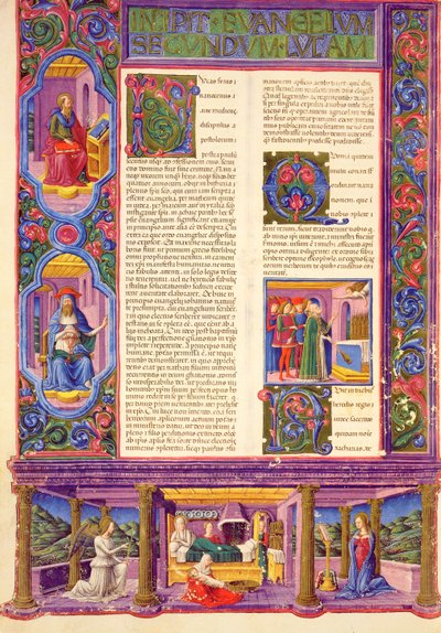 Fol.157v ルカの第二福音書、ボルソ・デステ聖書より。 Vol 2 (ベラム) 作： Italian School