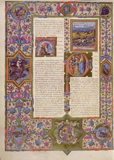 Fol.270v ボルソ デステ聖書からのソロモン書のオープニング。 Vol 1 (ベラム) 作： Italian School