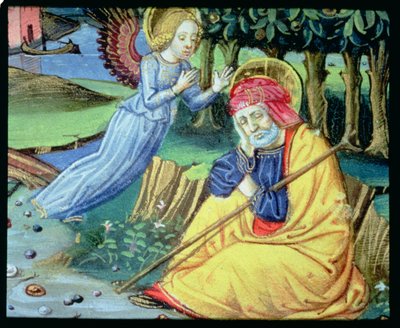 Fol.37v 天使がジョセフに、メアリーが子供を抱えていることを告げる (ベラム) 作： Italian School