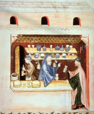Fol.53vタイムの準備と販売、Tacuinum Santiatis Codex Vindobonensisのイラスト 作： Italian School