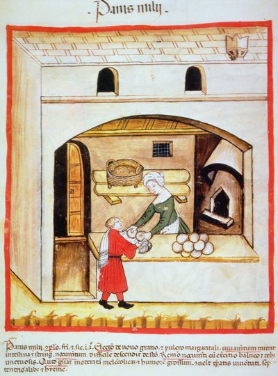 Fol.64vミレーパンの準備、Tacuinum Santiatis Codex Vindobonensisのイラスト 作： Italian School