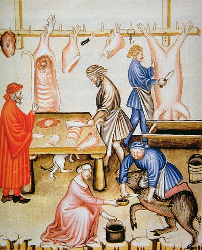 Fol.74v The Butchers：Pig Meat、illustration from Tacuinum Santiatis Codex Vindobonensis 作： Italian School