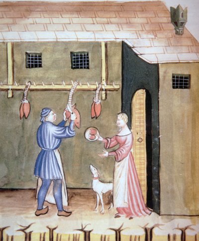 Fol.78v肉屋：動物の心を売る、Tacuinum Sanitatis Codex Vindobonensisから 作： Italian School