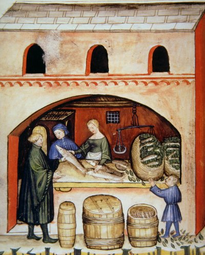 Fol.82v塩漬け魚、Tacuinum Santiatis Codex Vindobonensisのイラスト 作： Italian School