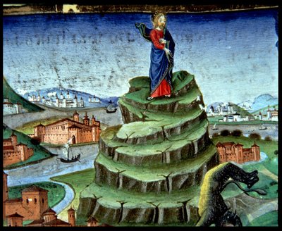 Fol.84r 悪魔は山で再びキリストを誘惑する (ベラム) 作： Italian School