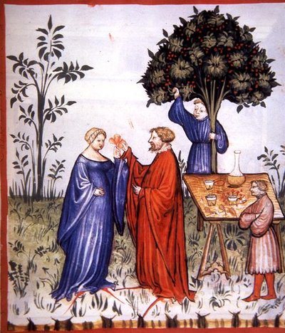 Fol.86r 白ワイン、「Tacuinum Santiatis Codex Vindobonensis」のイラスト（ベラム製） 作： Italian School