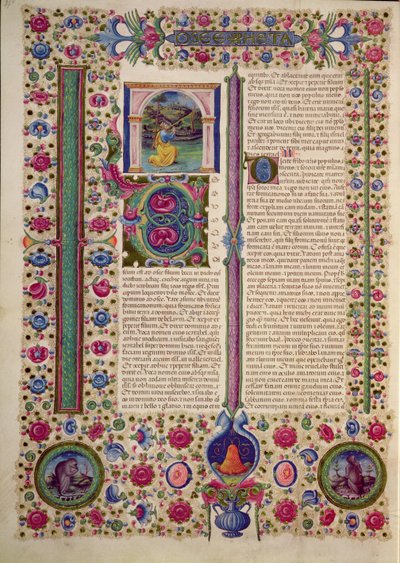 Fol.87v ボルソ デステ聖書からの預言者ホセア (偶像崇拝のユダヤ人に対して説教するマイナーな預言者) の書のオープニング。 Vol 2 (ベラム) 作： Italian School