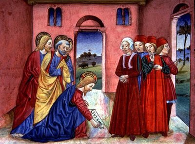 Fol.89r キリストは神殿の床に「罪のない者が最初の石を投げよ」と書いている (ベラム) 作： Italian School