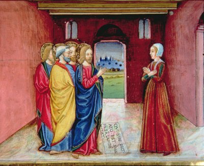 Fol.89v キリストは姦淫の女にもう罪を犯さないように警告する (vellum) 作： Italian School