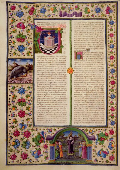 Fol.92v ボルソ・デステ聖書からの預言者アモスの書へのオープニング。 Vol 2 (ベラム) 作： Italian School