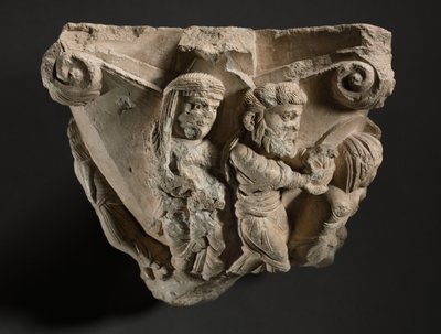 メアリーの幼年期のシーンを含む首都の断片、1100年代初頭のモノポリ大聖堂のワークショップ 作： Italian School