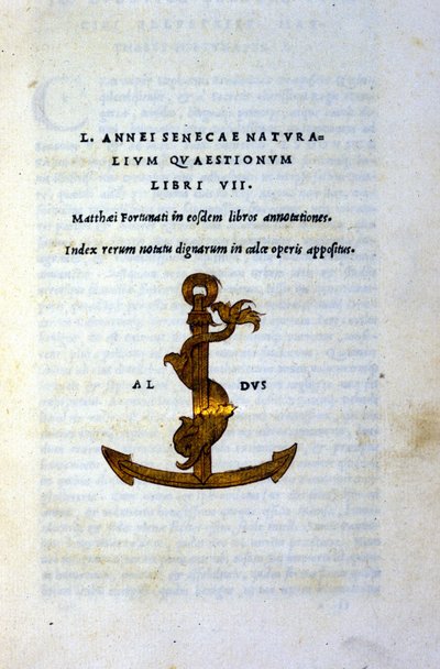哲学者セネカ（Lucius Annaeus Seneca、紀元前2年～紀元後65年）の『自然の疑問集VII』の扉。1503年にヴェネツィアの学者であり印刷者であるアルド・マヌツィオ（Alde Manonce）（1450 - 1515）が印刷したもの。 作： Italian School