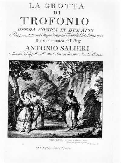 アントニオ・サリエリ（1750年〜1825年）の喜劇『トロフォニオの洞窟』（全2幕）のリブレットの表紙。1785 作： Italian School