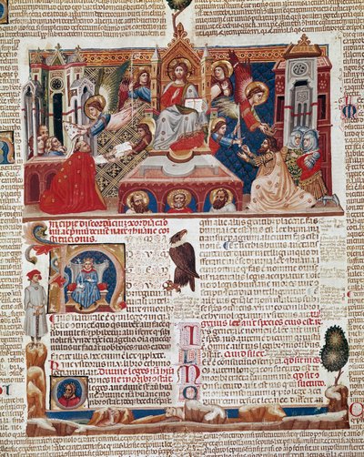 ローマ・カトリック教会の法律と規範を規定した1140年の "Decret de Gratien"（"Concordia discordantium canonum "または "Decretum Gratiani"）の写本の表題ページ。14世紀 シエナ、ビブリオテカ・デッリ・イントロナティ 作： Italian School