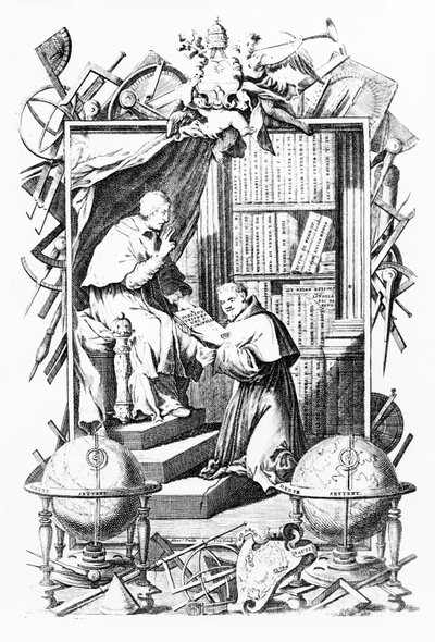 Sacro-Profane Universal Libraryのフロントピース、Vol。1、Vincenzo Coronelli作、Alessandro dalla Viaによる印刷、1701年発行 作： Italian School