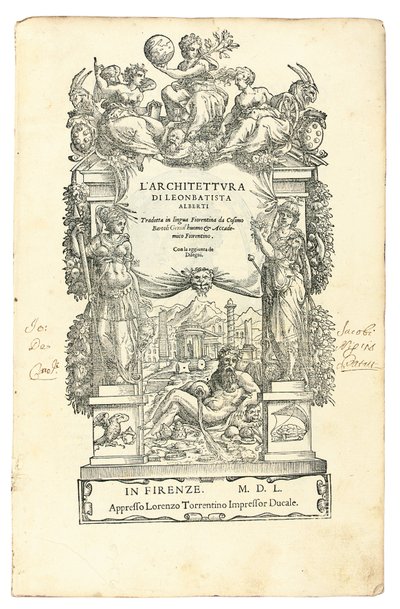 レオン・バッティスタ・アルベルティ（1404-72）によるラルキテットゥーラの口絵、コジモ・バルトリ（1503-72）によるイタリア語への翻訳。フィレンツェ：ロレンツォ・トレンティーノ 作： Italian School