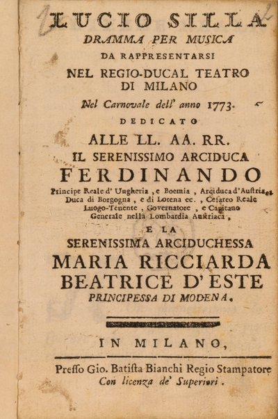 1773年にミラノで公演されたMozarts Lucio Sillaの前作 作： Italian School
