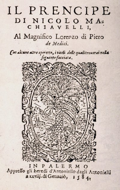 ニッコロ・マキアヴェッリ著「プリンス」の表紙（リトグラフ）。 作： Italian School