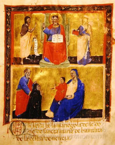 マドンナ・デル・ウミリタのコンフラタニティのレイドギルドのマリエゴラからの口絵、1391年（ベラムのインクと金箔） 作： Italian School