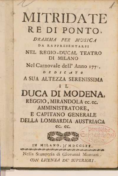 ヴォルフガングアマデウスモーツァルト作のオペラ「Mitridate、re di Ponte」（1770年）の初期のコピーからの口絵 作： Italian School