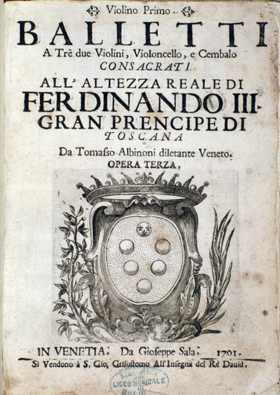 トレッソアルビノーニ（1671-1750）によるバレッティアトレ、オペラIIIの楽譜の口絵 作： Italian School