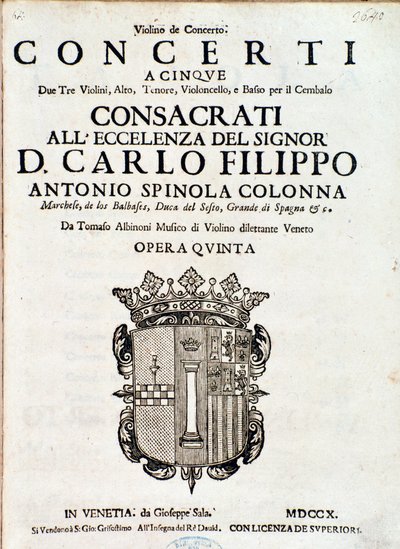 トマソ・アルビノーニ作曲「Concerti a cinque, opera 5」の譜面の扉。 作： Italian School