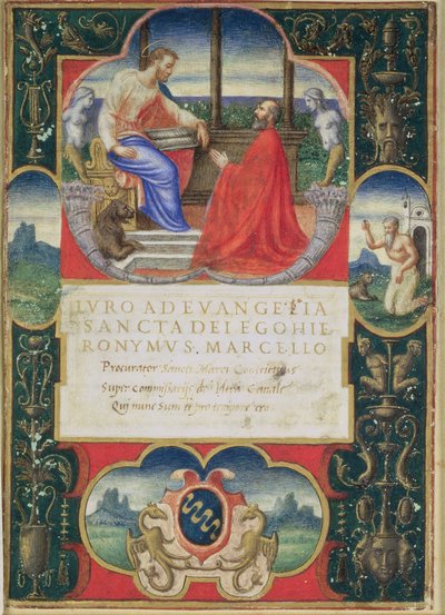G.マルチェロが聖マルコと聖ジェロームの前にひざまずいて、マルチェロファミリアの紋章、1537年 作： Italian School