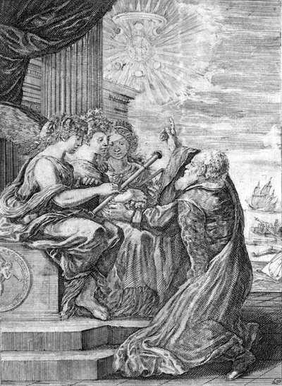 天文学者ガリレオ（1564 - 1642）が三女神に望遠鏡を献上。右手で、自ら発見しメディチ家に献上した衛星を持つ木星を示している。ボローニャの "Opere di Galileo "の正面図 作： Italian School