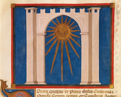太陽の門」（イタリア、14世紀、ペルージャの公証人の登録簿の手稿からの細密画 作： Italian School