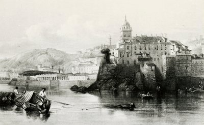 ジェノバのマリーナの壁、背景はヴィラ・ドーリア・パンフィーリ、エングレーヴィング、1850年頃、イタリア 作： Italian School