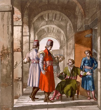 アーケードでのチャットと喫煙、グルジア人男性、1820年代から30年代頃 作： Italian School