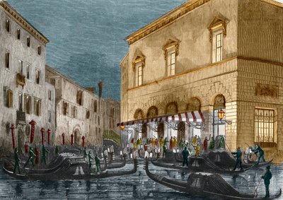 イタリア、ベニスのラフェニーチェ劇場の外で観客を待っているゴンドラは、ルモンドIllustre n°564、1868から 作： Italian School
