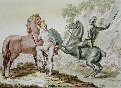 ギリシャ騎兵隊、ジュール・フェラリオ著「Le Costume Ancien et Moderne」（1820年代〜30年代に出版）のプレート44（カラーリトグラフ）。 作： Italian School