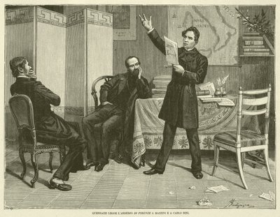 マッツィーニとカルロ・ビーニにフィレンツェの包囲網を読み聞かせるゲラッツィ（版画 作： Italian School